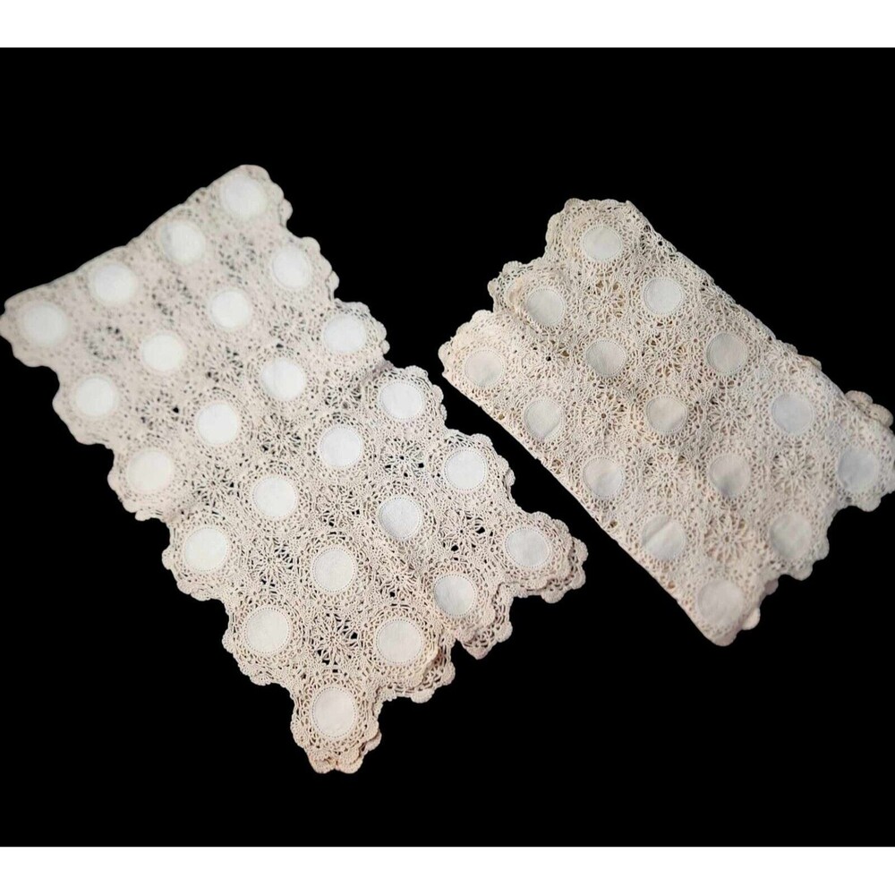 Set of 2 Vintage Hand Crocheted Lace Dresser Scarves Cream Cottage Granny Core